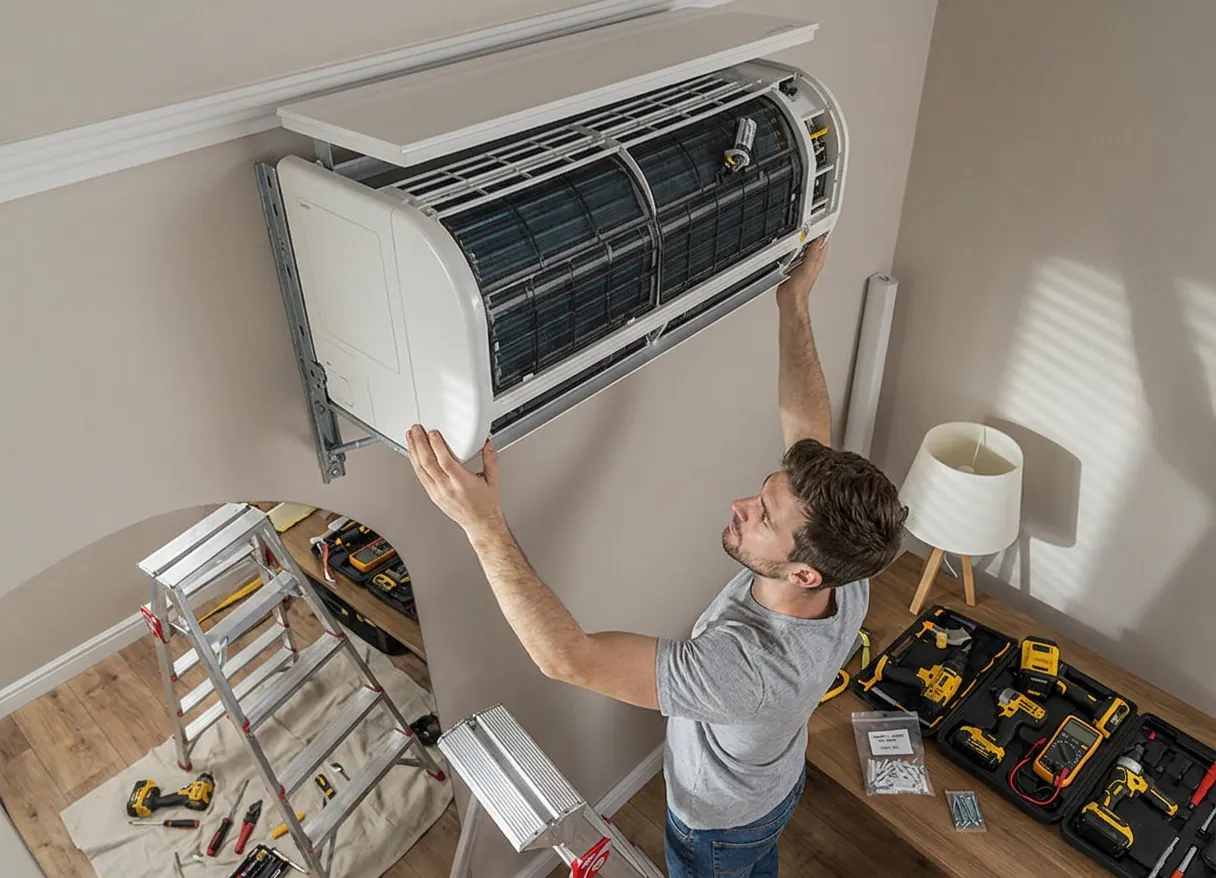 Técnico instalando un aire acondicionado split en una vivienda de Majadahonda