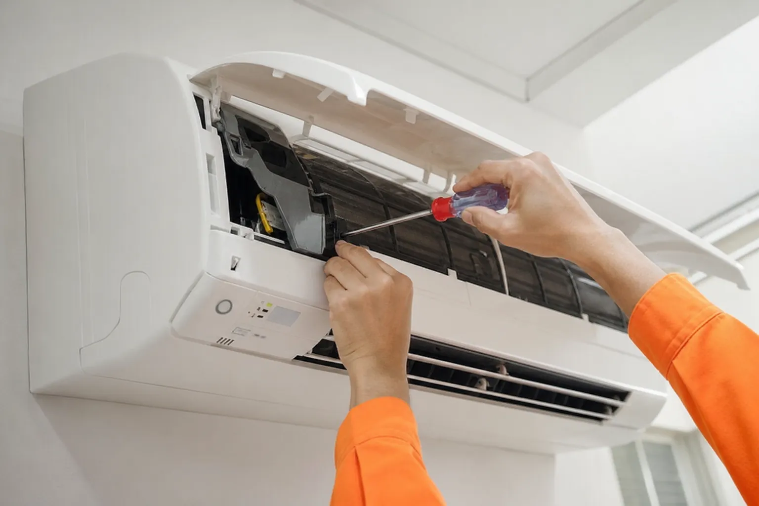 Técnico reparando la unidad interior de un aire acondicionado split